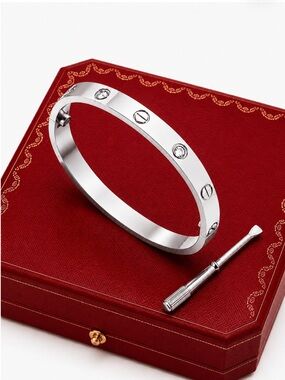 Stamped Platinum Plated Love Bangle Bracelet with Stones Waterproof Tarnish